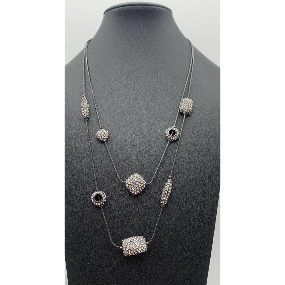 Chicos Double Layer Gunmetal And Pave Rhinestone Stations Necklace 16-20"